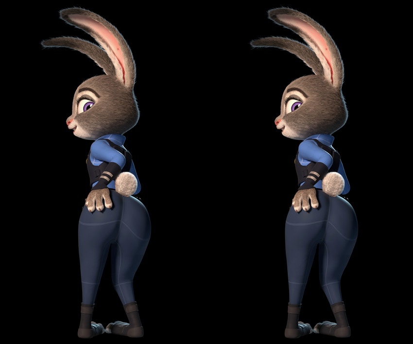 anthro butt butt_focus clothing female looking_at_viewer simple_background solo toeless_legwear uniform chickenass disney zootopia judy_hopps lagomorph leporid mammal rabbit 3d_(artwork) 6:5 absurd_res digital_media_(artwork) hi_res side_by_side_stereogram stereogram wall_eye_stereogram