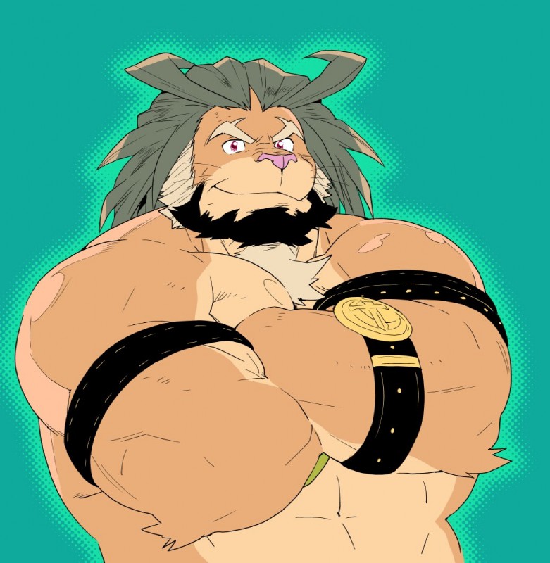 barazoku beard belt crossed_arms facial_hair fur green_background green_hair hair looking_at_viewer male muscular muscular_male pink_nose red_eyes simple_background solo whiskers kira_nerisu lifewonders tokyo_afterschool_summoners arsalan_(tas) felid lion mammal pantherine