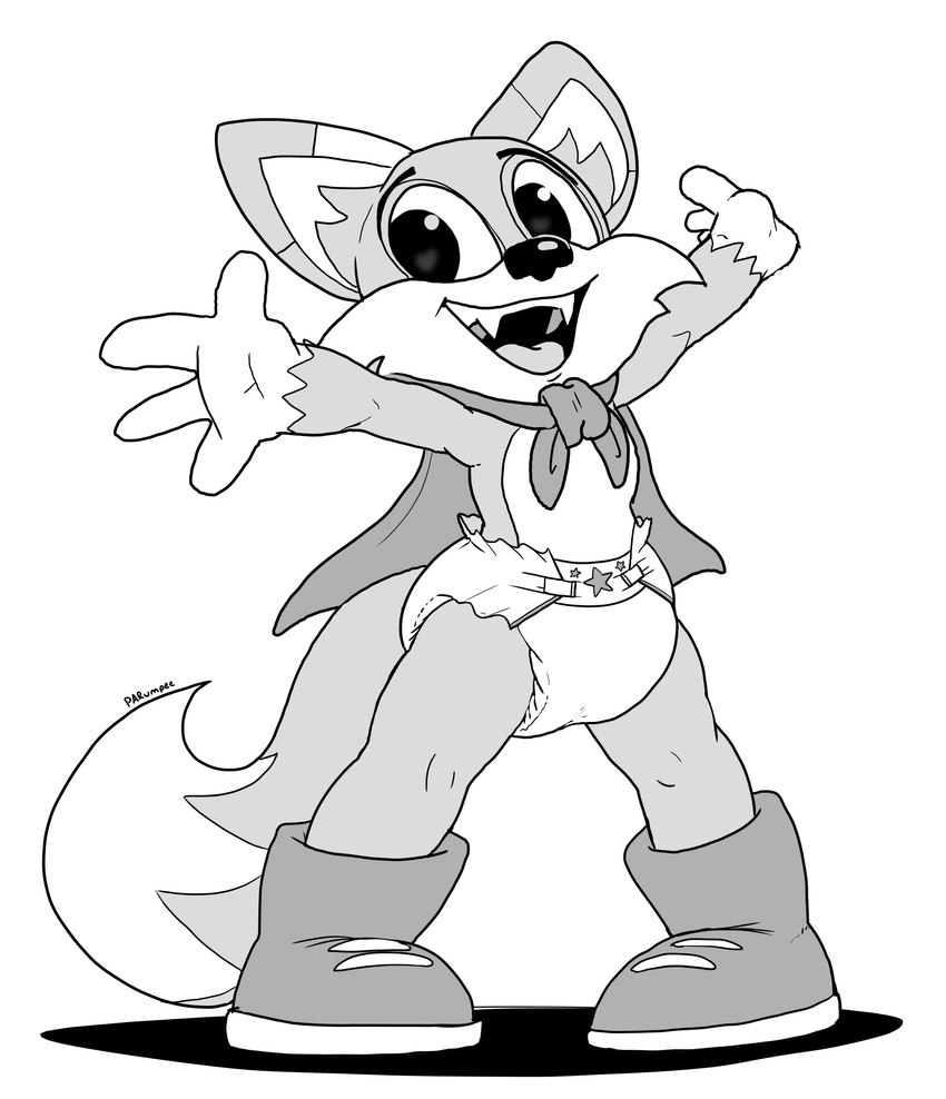 anthro arms_above_head cape clothed clothing diaper footwear male open_mouth pose shoes smile solo teeth tongue wearing_diaper young young_anthro parumpee lucky's_tale_(series) playful_corp. lucky_swiftail canid canine fox mammal absurd_res black_and_white hi_res monochrome