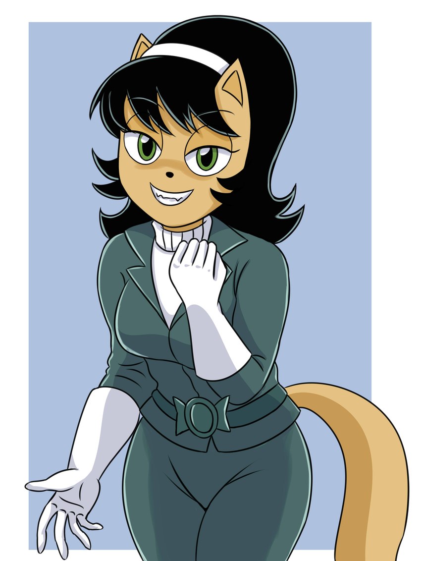 accessory anthro black_hair border clothing female fist gloves green_eyes grin hair hair_accessory hairband handwear leather leather_clothing looking_at_viewer pose sharp_teeth smile solo sweater tan_body teeth topwear turtleneck white_border sumin6301 nickelodeon t.u.f.f._puppy kitty_katswell domestic_cat felid feline felis mammal absurd_res colored hi_res shaded simple_shading