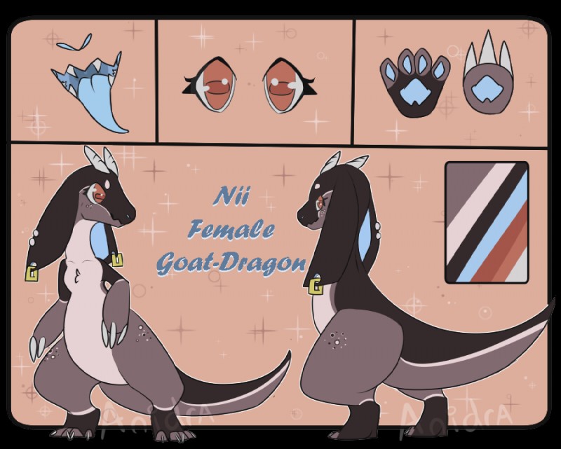 claws female feral fur horn looking_at_viewer open_mouth simple_background smile solo standing tail teeth text tongue anidra mythology nii bovid caprine dragon goat hybrid mammal mythological_creature mythological_scalie scalie 2017 alpha_channel digital_media_(artwork) english_text flat_colors model_sheet