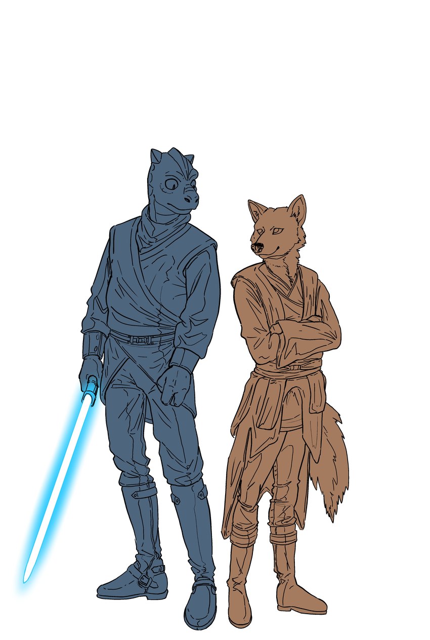 anthro blue_lightsaber boots clothed clothing crossed_arms duo footwear jedi lightsaber looking_at_another male melee_weapon shoes simple_background standing weapon white_background ffog star_wars fan_character canid canine canis jackal mammal reptile scalie trandoshan 2021 absurd_res hi_res