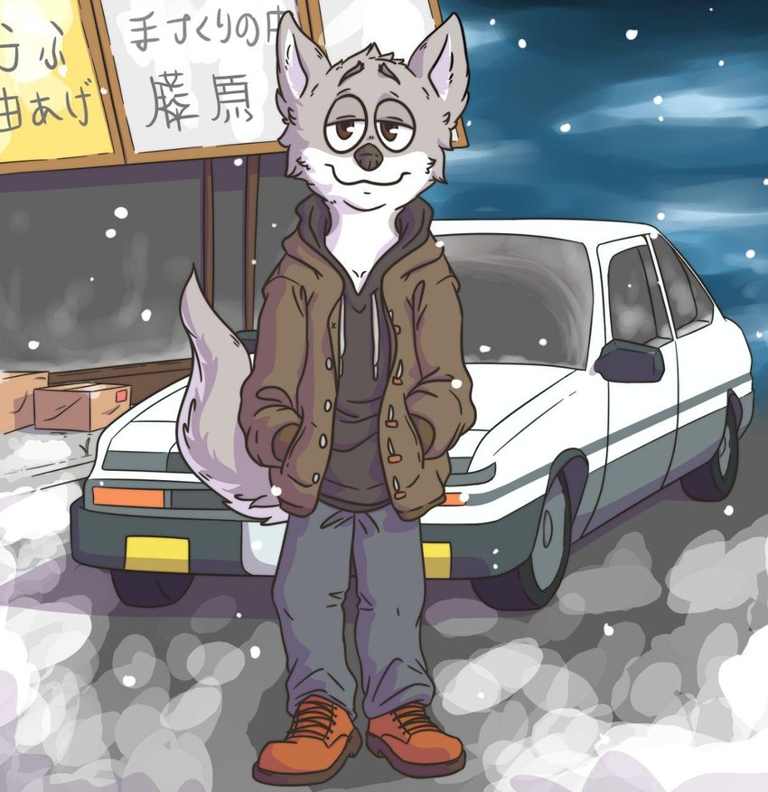 anthro boots bottomwear car clothed clothing countershading detailed_background footwear fur hoodie jacket legwear looking_at_viewer male outside package pants retro_car road shirt shoes sidewalk smile snow solo standing storefront text topwear vehicle winter zankytime initial_d toyota toyota_corolla andre_wolf canid canine canis mammal wolf digital_media_(artwork) hi_res japanese_text