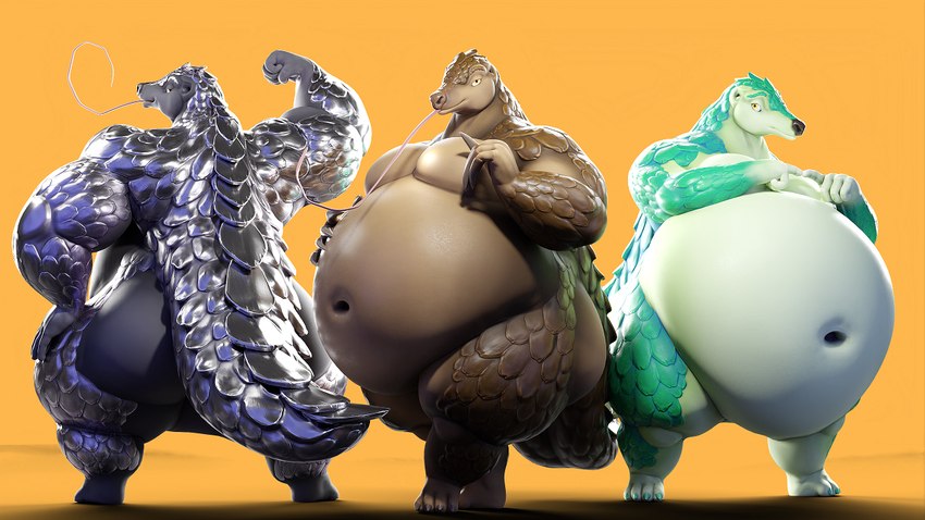 andromorph anthro armor_plates belly big_belly flexing flexing_bicep gesture gesturing_at_viewer group huge_belly hyper intersex looking_at_viewer navel overweight overweight_andromorph overweight_intersex scales scaly_tail tail tongue tongue_out trio wolke plump_pangolin_(wolke) mammal pangolin 16:9 widescreen