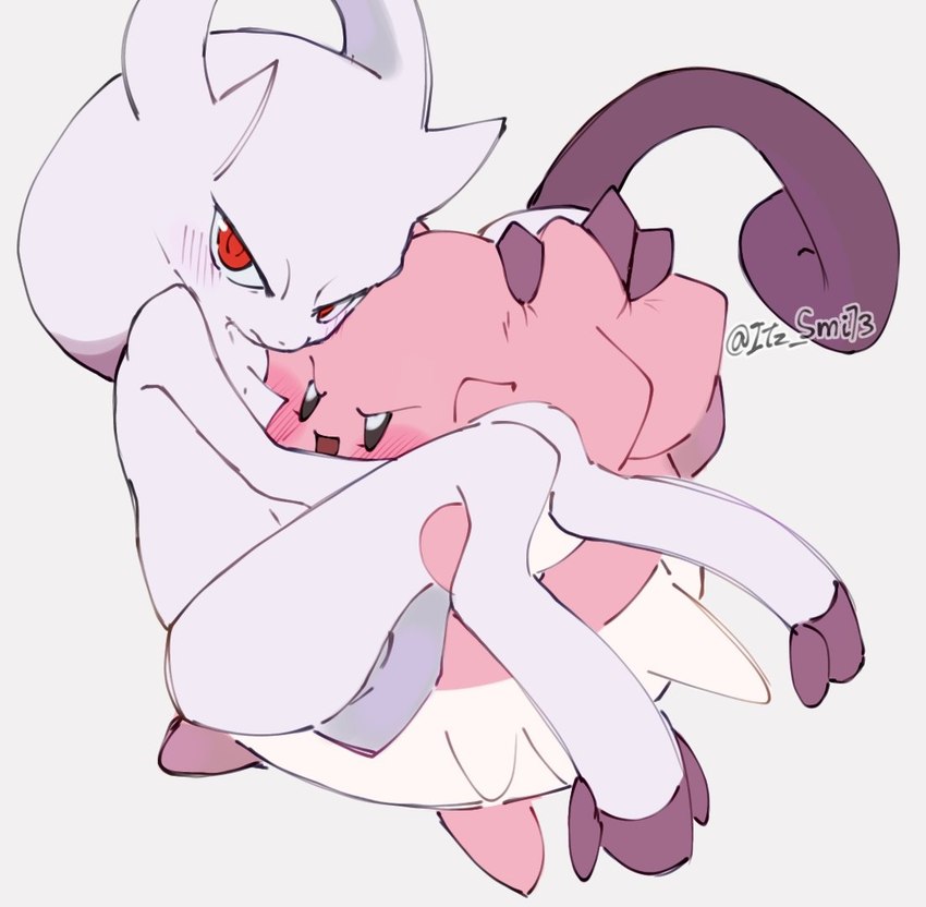 ambiguous_gender anthro blush carrying_another duo looking_at_viewer open_mouth red_eyes simple_background white_background white_body itz_smi73 nintendo pokemon blissey generation_2_pokemon generation_6_pokemon legendary_pokemon mega_evolution mega_mewtwo mega_mewtwo_y pokemon_(species)