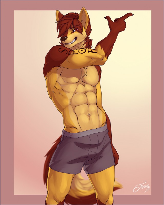 abs anthro body_hair boxers_(clothing) brown_body brown_fur brown_hair brown_nose chest_tuft claws clothed clothing countershading eyebrows front_view fur gesture gloves_(marking) grin hair hand_gesture looking_at_viewer male markings multicolored_body multicolored_fur muscular muscular_anthro muscular_male navel pecs pointing pose red_eyes simple_background smile solo spqr standing tan_body tan_fur tattoo teeth topless tuft underwear v-cut white_body white_countershading feralise dan_(danmag) canid canine canis mammal wolf 2017 hi_res portrait three-quarter_portrait