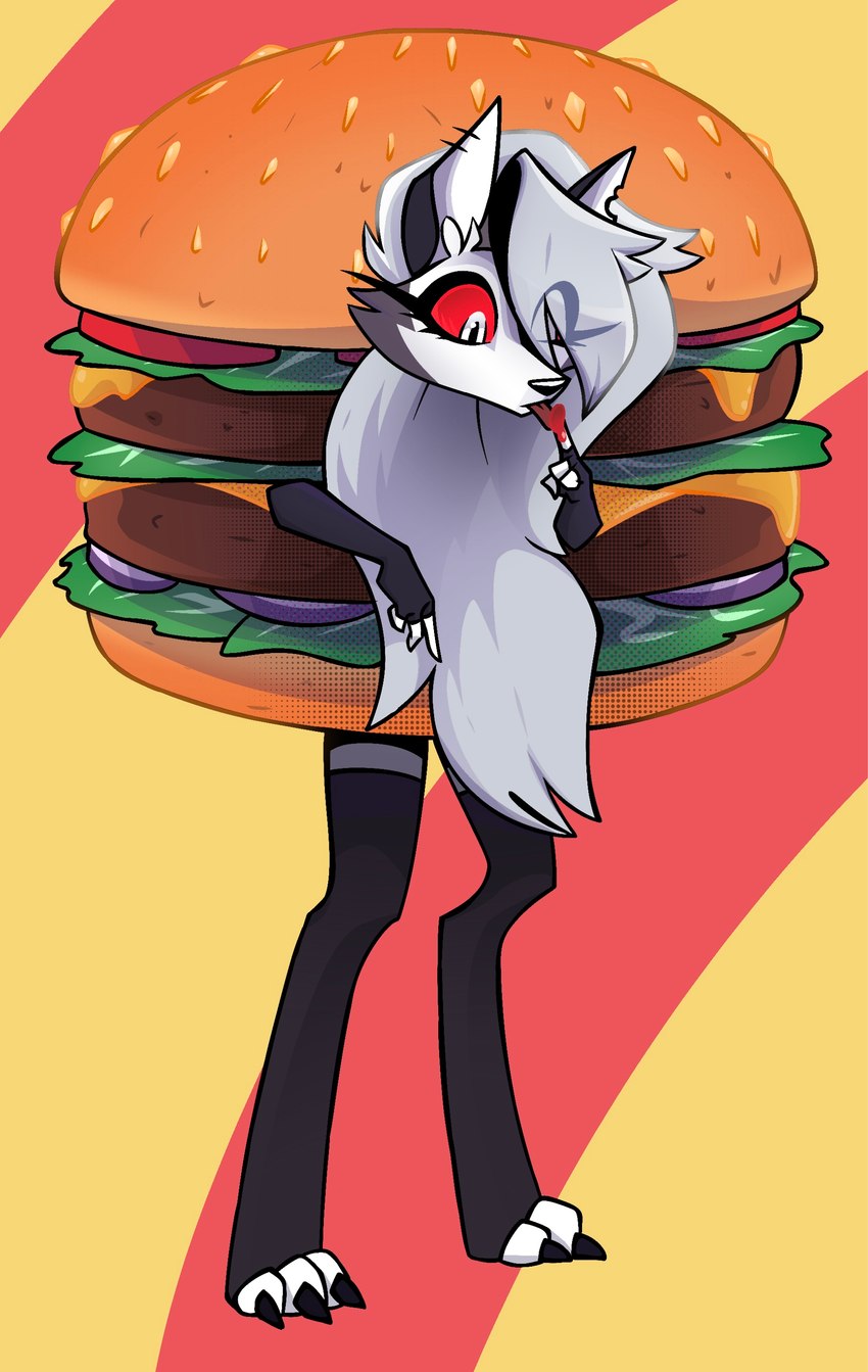 anthro burger burger_costume clothed clothing costume female food food_costume simple_background solo standing haxarts helluva_boss mythology loona_(helluva_boss) canid canid_demon canine demon hellhound mammal mythological_canine mythological_creature absurd_res hi_res