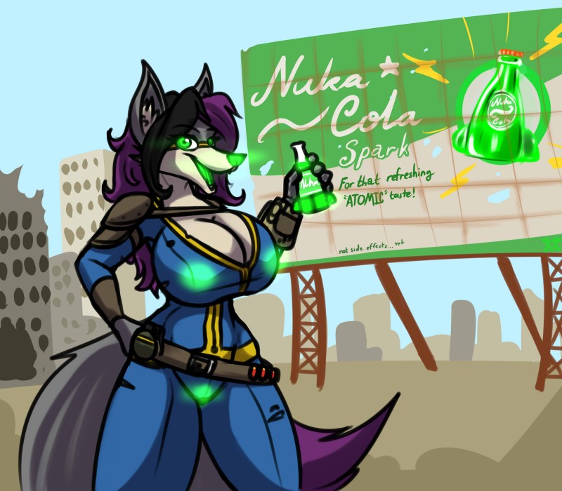 anthro bioluminescence breasts cleavage clothed clothing female glowing glowing_eyes glowing_nose glowing_tongue nipples nuka-cola radioactive solo tongue vault_suit tacticalfur fallout microsoft aura_spark canid canine fox mammal 2017 hi_res