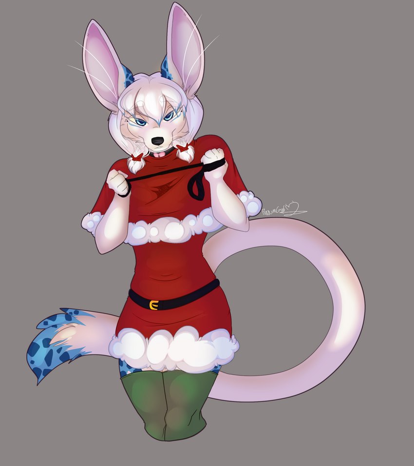 anthro belt big_ears blue_eyes blue_hair blue_markings clothing collar costume female fully_shaded fur hair hair_bows leash legwear long_tail markings pigtails santa_costume solo stockings tail white_body white_fur white_hair possumgod amilia_(scruffyyote93) canid canine fennec_fox fox mammal true_fox absurd_res blue_and_white hi_res monochrome