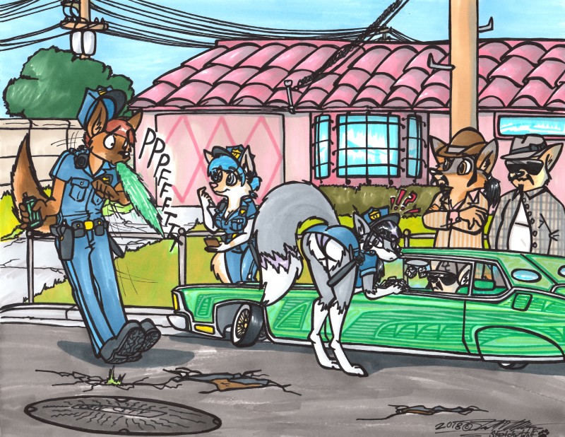 anthro car clothed clothing exclamation_point group inside_car inside_vehicle officer police question_mark uniform upskirt vehicle sketchywolf-13 ford lincoln_(car_brand) foxy_caine canid canine fox mammal absurd_res hi_res traditional_media_(artwork)