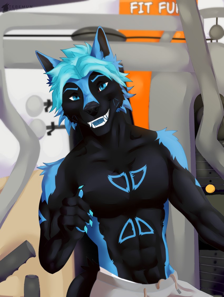 abs anthro biceps black_body black_fur blue_eyes blue_hair bottomwear chest_press claws clothing exercise fangs fur gym hair looking_at_viewer male muscular muscular_anthro muscular_male open_mouth pecs simple_background smile solo tail teeth text tongue weights conditional_dnp teremunart draconax_(bukmar) canid canine canis mammal wolf absurd_res hi_res