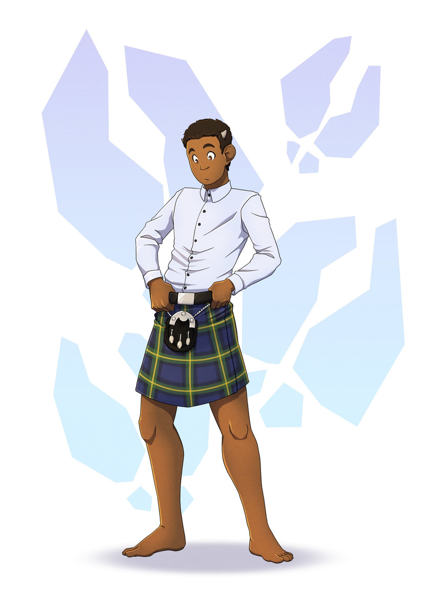 belt bottomwear brown_hair clothed clothing dark_body dark_skin hair horn imminent_transformation kilt male shirt solo species_transformation sporran topwear transformation transformative_clothing zhaqez forepawz forebucks bovid bovine cattle human mammal absurd_res hi_res