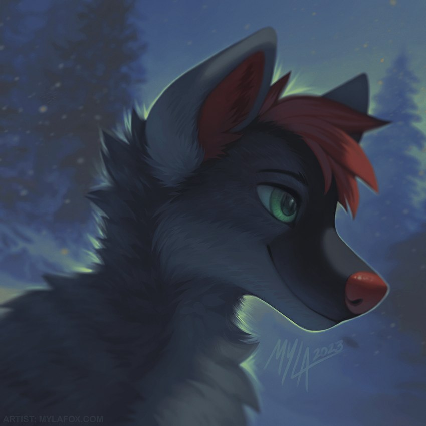 anthro closed_smile fur green_eyes grey_body grey_fur hair inner_ear_fluff male mouth_closed nude outside plant red_hair red_inner_ear_fluff red_nose smile solo text tree tuft mylafox canid canine canis mammal wolf 1:1 2023 bust_portrait dated hi_res portrait signature url