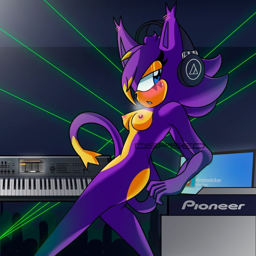 anthro bedroom_eyes blush blush_lines breasts breath disc_jockey electronics female gemini_the_cat half-closed_eyes headphones keyboard_instrument musical_instrument narrowed_eyes seductive solo turntable_(decks) dspeed sega sonic_the_hedgehog_(series) dj_xtal fan_character felid feline mammal 1:1 source_request unavailable_at_source