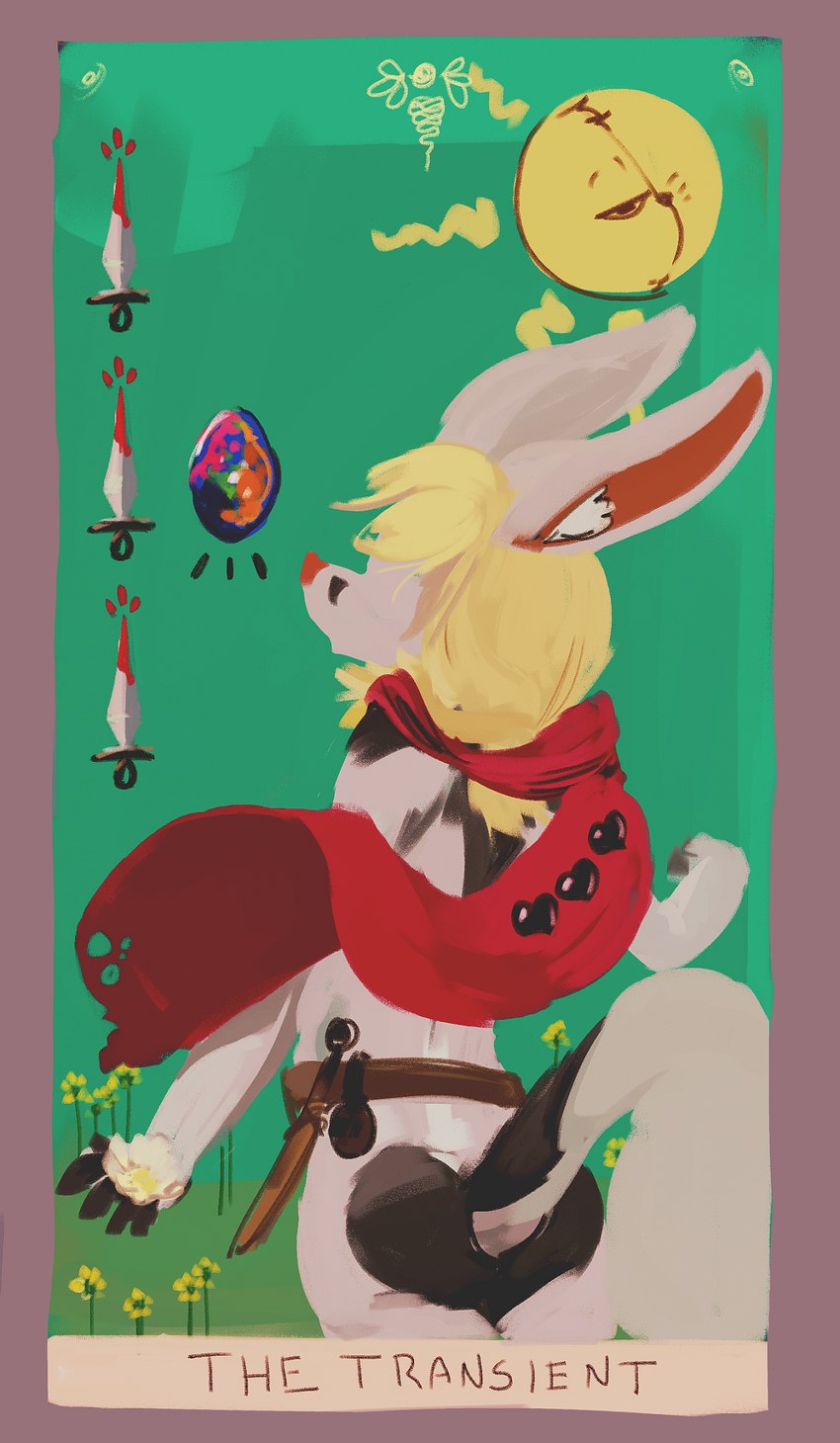 ambiguous_gender anthro belt big_ears biped black_body black_claws black_fur black_tail brown_belt butt card card_template claws dagger facial_markings flower fortune_telling fur green_background hair head_markings inner_ear_fluff long_hair markings melee_weapon plant rear_view red_inner_ear red_nose simple_background solo tail tarot tarot_card tuft weapon white_body white_ears white_flower white_fur white_inner_ear_fluff white_tail yellow_flower oselotti briganti_(monxta) canid canine fennec_fox fox mammal true_fox hi_res