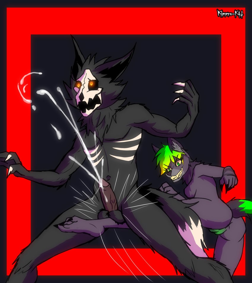 anthro athletic athletic_male ballbusting balls black_body bodily_fluids bone breasts claws cock_and_ball_torture cum cumshot duo ejaculation female fluffy fluffy_tail fur genital_fluids genital_torture genitals glowing glowing_eyes green_eyes green_hair green_pussy hair humanoid_genitalia humanoid_penis kick kicking_balls male male/female nude open_mouth orgasm pain penis pussy simple_background skull skull_head smile tail yellow_eyes kimero_kat acid_wolf cadaver_(skulldog) canid canine canis demon mammal skulldog_(species) wolf hi_res