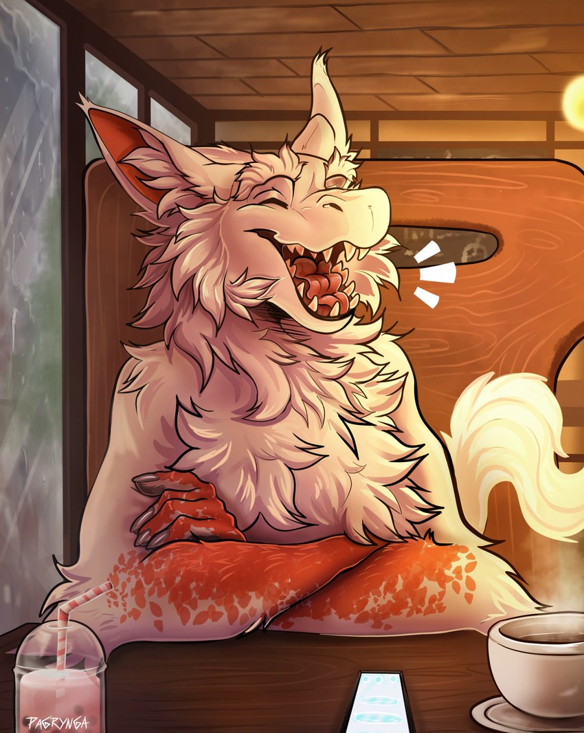 anthro beverage biped bubble_tea cafe chest_tuft coffee eyes_closed fur inner_ear_fluff inside male multicolored_body multicolored_fur nude open_mouth red_body red_fur solo tail teeth tuft white_body white_fur pagrynga mythology dragon furred_dragon furred_scalie mythological_creature mythological_scalie scalie 2023 hi_res