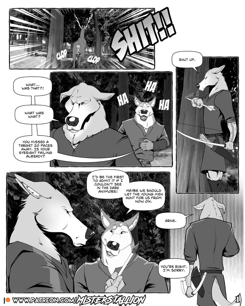 anthro arrow_(weapon) balls bow_(weapon) clothed clothing dialogue feral genitals male medieval ranged_weapon romantic text weapon misterstallion arne_(misterstallion) rune_(misterstallion) canid canine canis deer mammal wolf 4:5 comic english_text hi_res