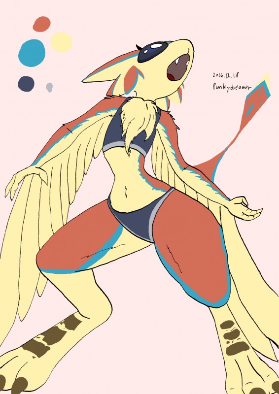 3_fingers 3_toes 4_ears anthro biped blue_eyes chest_tuft claws clothing eyelashes fangs feathers feet female fingers midriff multi_ear open_mouth simple_background solo teeth toe_claws toes tongue tuft wings punkydreamer avali avian 2016 hi_res