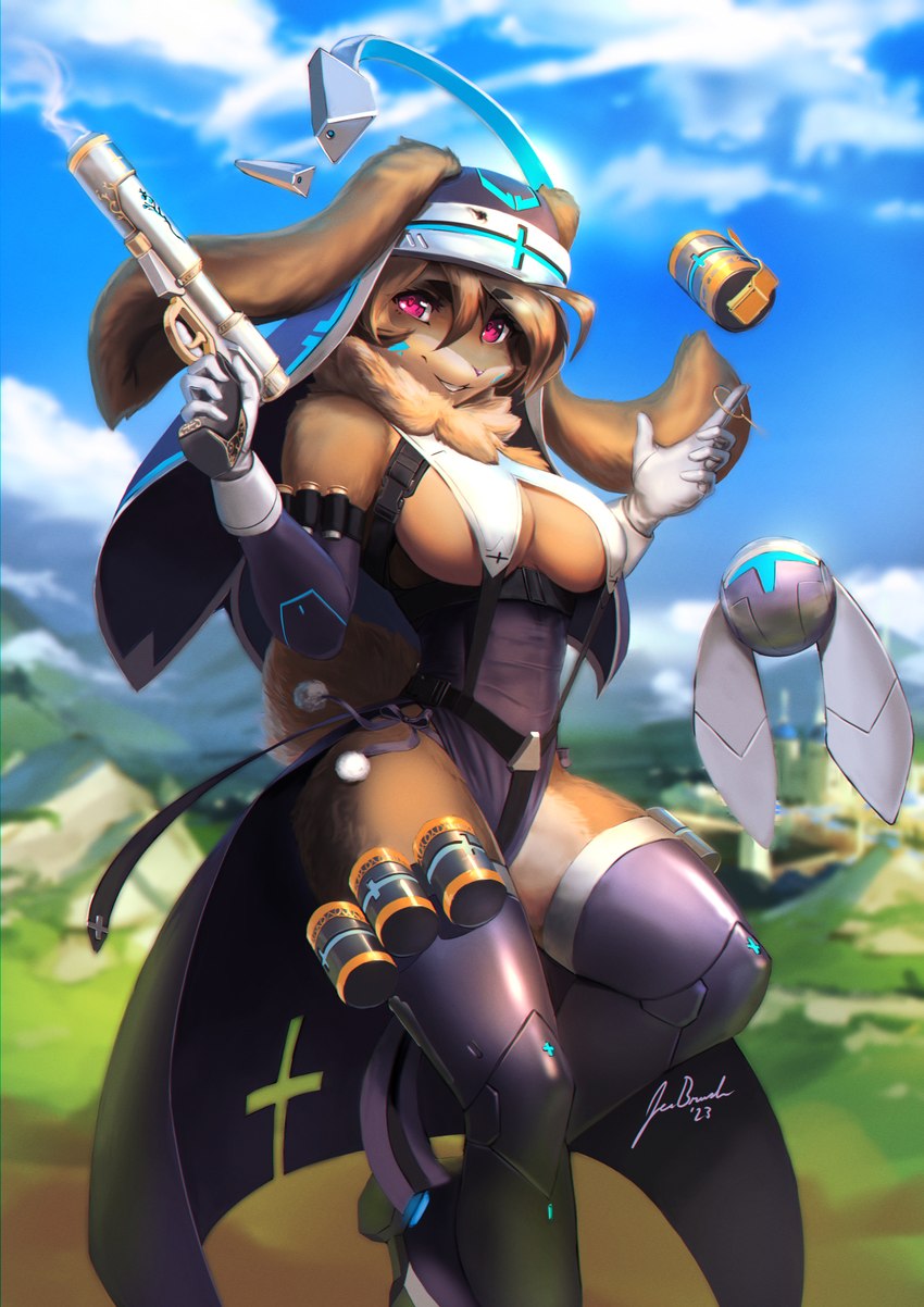 5_fingers anthro armwear big_breasts blurred_background boots breasts brown_body brown_fur cloak clothing cloud cross elbow_gloves explosives eyebrows eyelashes female fingers footwear fur gloves grenade grenade_pin gun handwear heart_eyes heart_symbol holding_gun holding_object holding_ranged_weapon holding_weapon legwear leotard looking_at_viewer multicolored_body multicolored_fur nun outside ranged_weapon red_eyes shoes sky smile smoke solo strapless_clothing strapless_leotard straps tan_body tan_fur text thigh_boots thigh_highs two_tone_body two_tone_fur weapon jecbrush maggie_(jecbrush) lagomorph leporid mammal rabbit 2023 artist_name digital_media_(artwork) hi_res signature