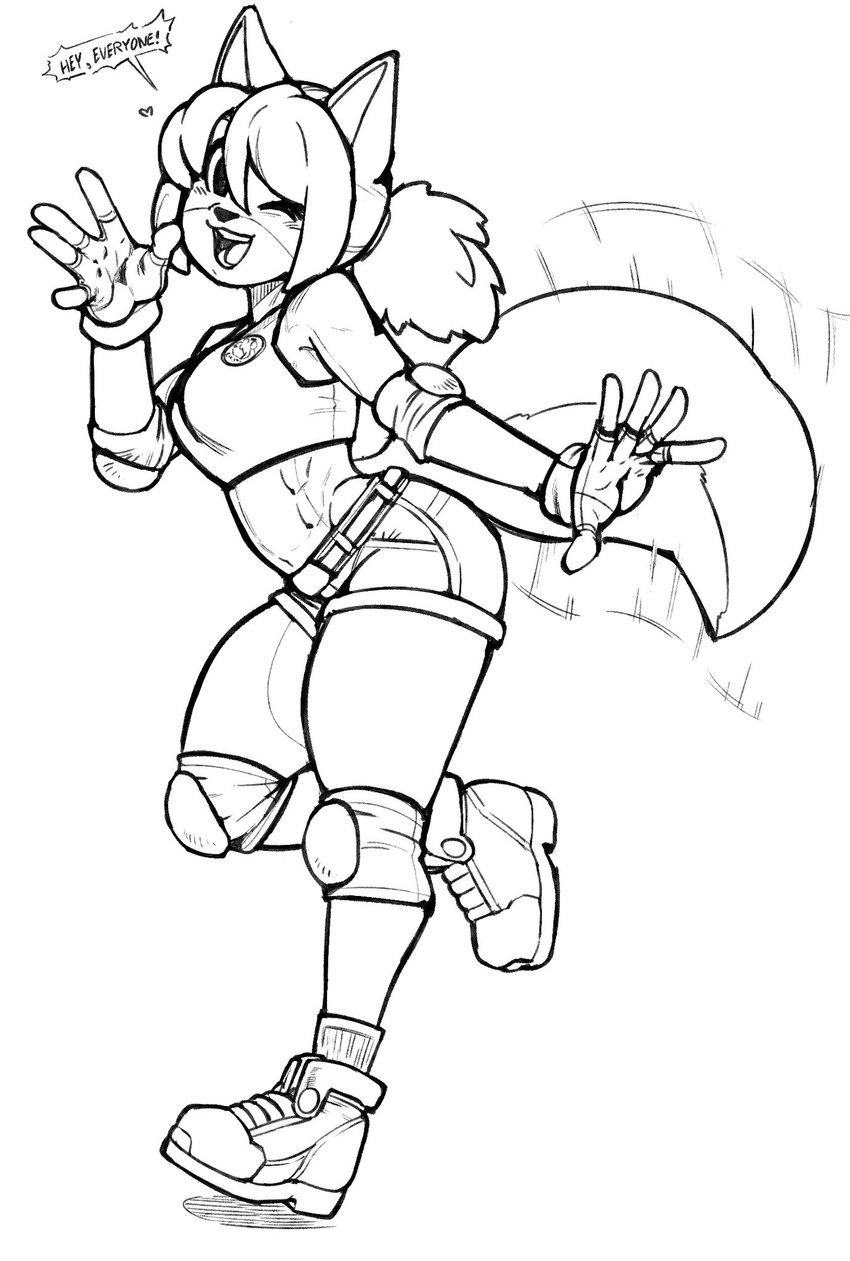 abs anthro bottomwear clothing crop_top elbow_pads female fingerless_gloves gloves greeting hair handwear knee_pads ponytail shirt shorts slim solo tail tail_motion tailwag topwear noahdoesart moriah_(noahdoesart) canid canine fox mammal hi_res monochrome