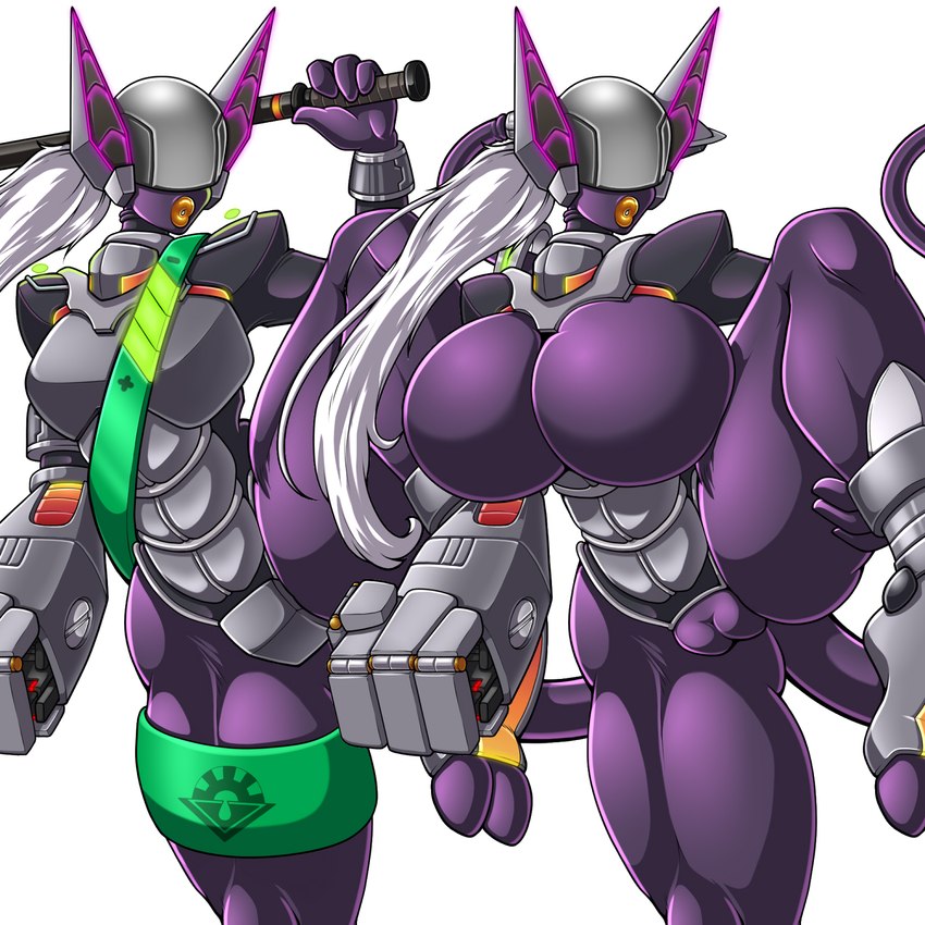 4_fingers armor big_breasts breast_expansion breasts cybernetic_arm cybernetic_limb cybernetics expansion exposure_variation featureless_breasts female fingers genitals hair headgear helmet holding_baton lips machine muscular muscular_female on_one_leg purple_body pussy raised_leg security simple_background solo standing thick_lips thick_thighs white_background white_hair wristband adjatha trials_in_tainted_space cyborg zaika_(species) 1:1 2023 hi_res story story_in_description