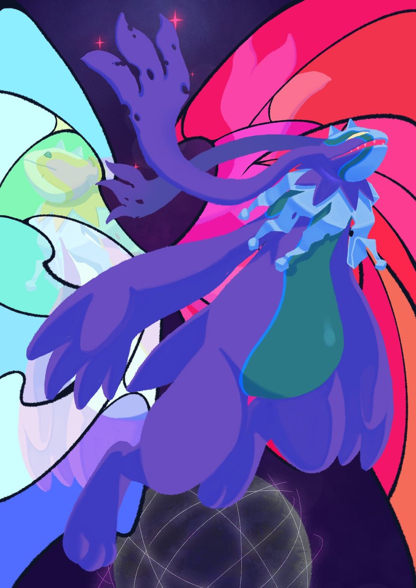 abstract_background ambiguous_gender anthro beady_eyes belly flying frill_(anatomy) long_ears neck_frill slightly_chubby solo musisando bandai_namco digimon cherubimon cherubimon_(evil) cherubimon_(good) digimon_(species) hi_res