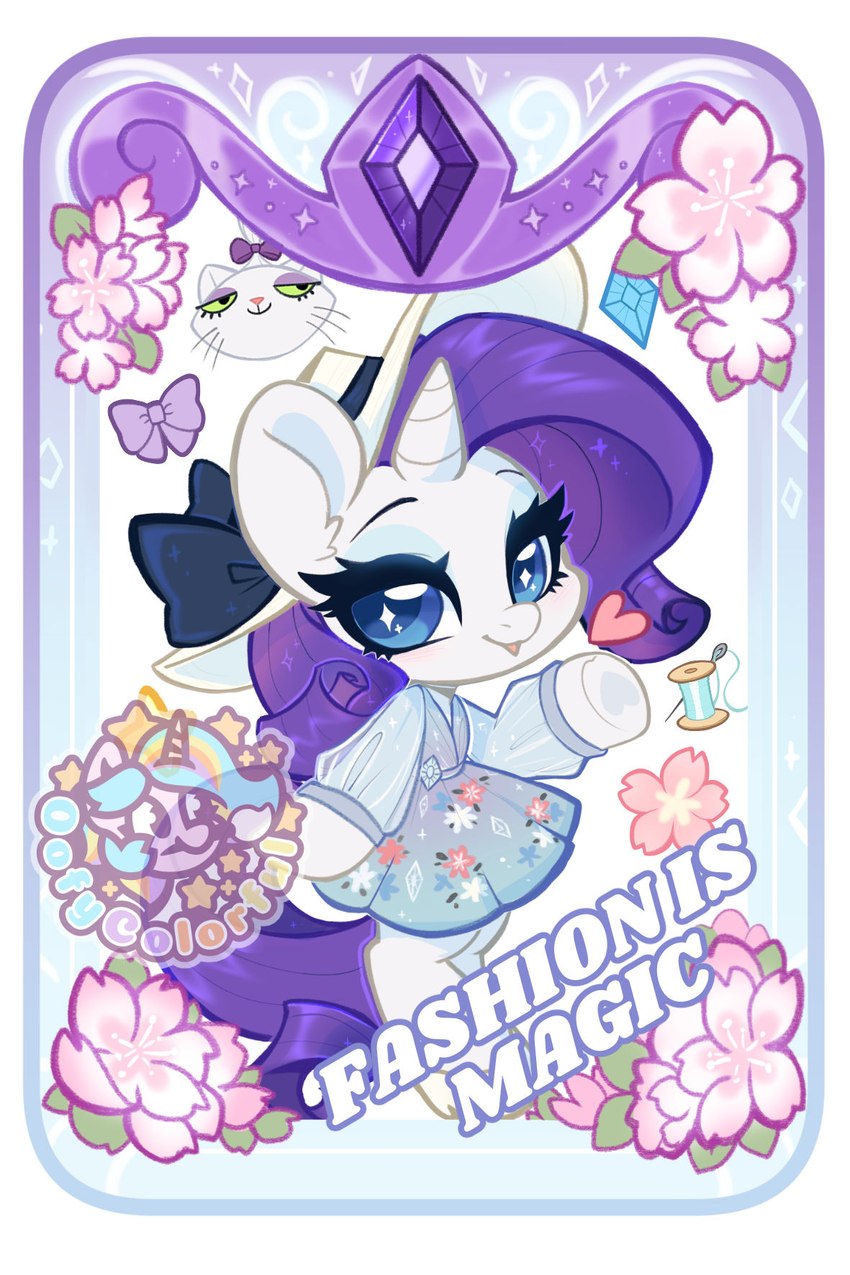 blue_eyes bow_(feature) cherry_blossom chibi clothing dress eyelashes eyeshadow female flower fur hat headgear headwear horn long_sleeves makeup mane open_mouth open_smile plant prunus_(flower) smile smiling_at_viewer solo text white_body white_fur oofycolorful friendship_is_magic hasbro my_little_pony mythology opalescence_(mlp) rarity_(mlp) domestic_cat equid equine felid feline felis mammal mythological_creature mythological_equine unicorn 2023 english_text hi_res