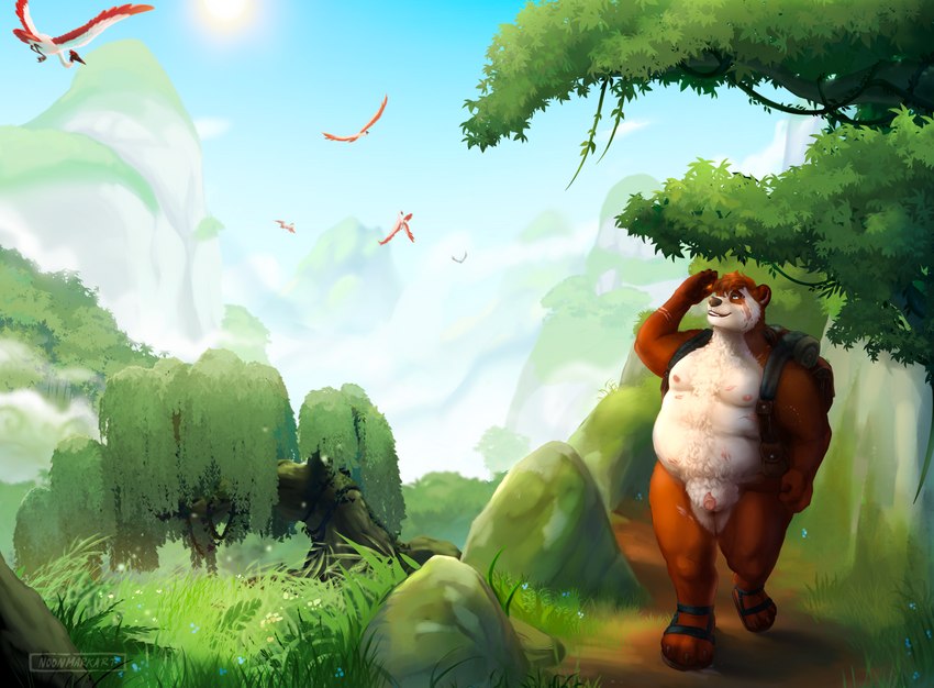 andromorph anthro backpack casual_nudity clothing footwear footwear_only hiking intersex mostly_nude nature nature_background nude_hiking outdoor_nudity outside overweight overweight_andromorph overweight_anthro overweight_intersex scar solo noonmarkart blizzard_entertainment warcraft myuen_(gilesvorey) bear mammal pandaren 2022 absurd_res alternate_version_at_source hi_res nonbinary_(lore)