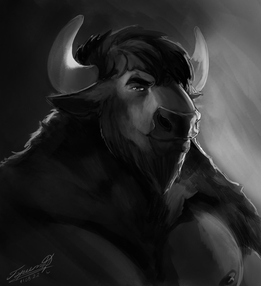 anthro horn male muscular muscular_anthro muscular_male nipples shirtless shirtless_anthro shirtless_male smile solo danyus bison bovid bovine mammal black_and_white half-length_portrait hi_res monochrome portrait