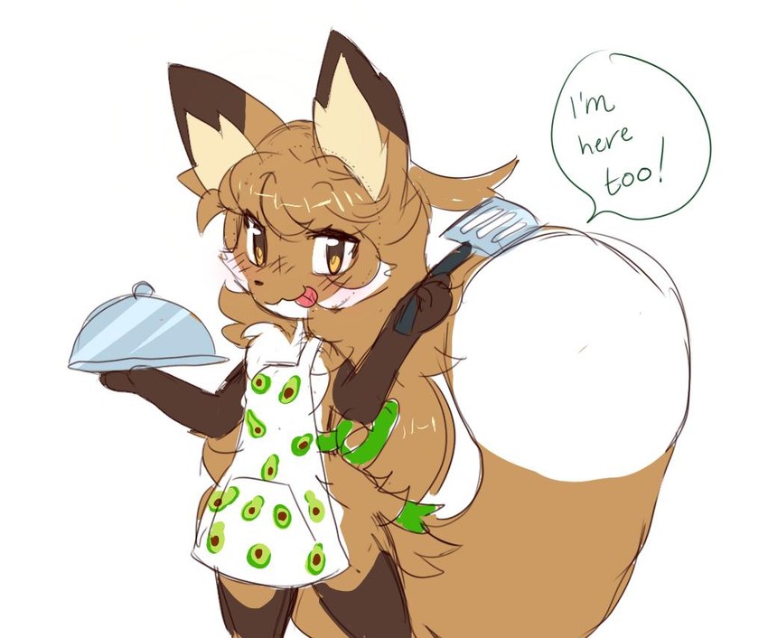 anthro apron avocado brown_body brown_eyes brown_fur clothing dipstick_tail female female_anthro food fruit fur gloves_(marking) hair holding_object leg_markings looking_at_viewer markings plant platter simple_background socks_(marking) solo spatula standing tail tail_markings text tools white_body white_fur conditional_dnp fiddleafox averi_(fiddleafox) canid canine fox mammal red_fox true_fox english_text