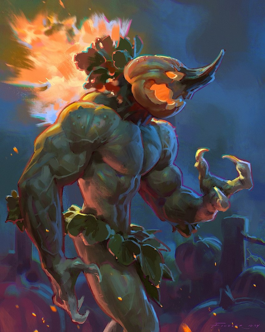 3_fingers biceps claws finger_claws fingers fire flaming_body food for_a_head fruit glowing glowing_eyes leaf male muscular muscular_arms pecs plant pumpkin pumpkin_head pumpkin_patch solo standing vein veiny_muscles taran_fiddler weretober elemental_creature flora_fauna object_head plant_monster 2024 4:5 hi_res signature