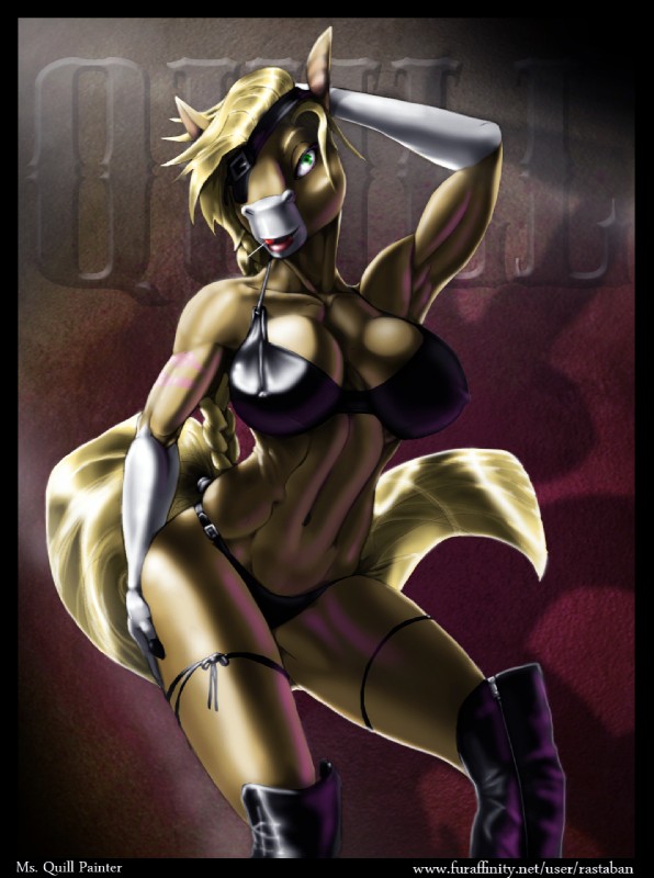 anthro big_breasts blonde_hair boots braided_hair breasts candy cleavage clothed clothing dessert eye_patch eyewear female food footwear green_eyes hair long_hair looking_at_viewer muscular muscular_anthro muscular_female navel pose seductive shoes solo tail text rastaban_coal quill_painter equid equine horse mammal hi_res url