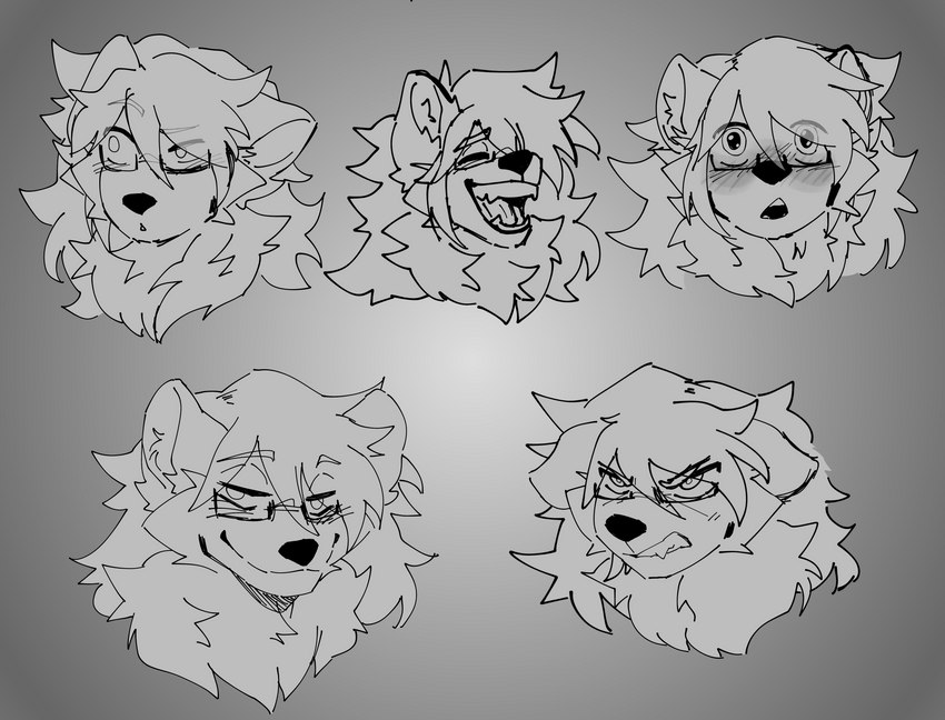 angry anthro bared_teeth blush ears_down eyebrows eyewear fluffy glasses hair half-closed_eyes laugh long_hair male narrowed_eyes neck_tuft pivoted_ears raised_eyebrow smile smirk smug snarling solo teeth_showing tuft sarunoir rena_(renacali) ailurid mammal red_panda absurd_res expression_sheet greyscale hi_res monochrome sketch