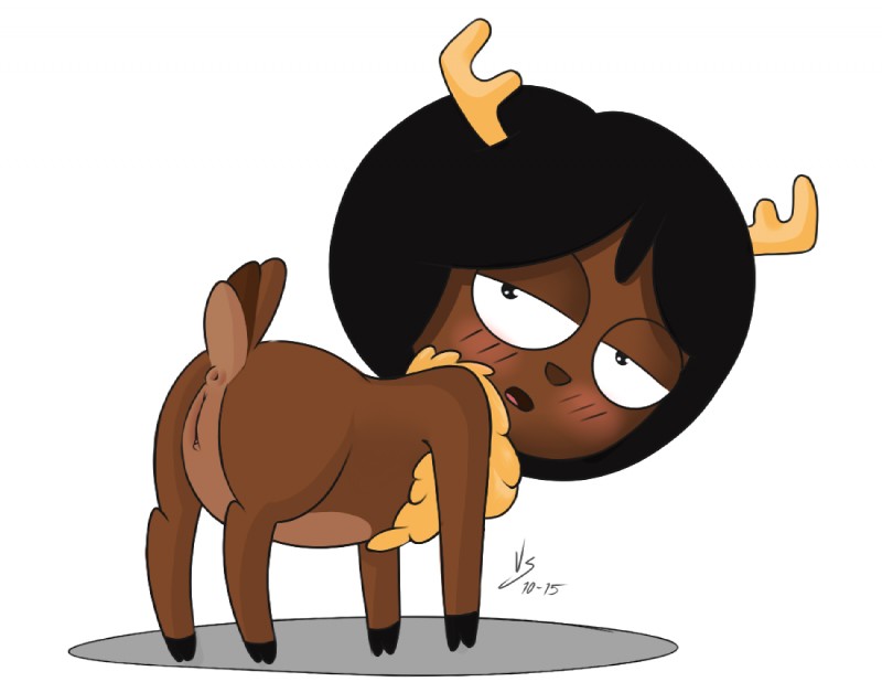 antlers anus black_hair blush brown_body brown_fur female feral fur genitals hair half-closed_eyes horn humanoid_genitalia humanoid_pussy narrowed_eyes pussy solo vsdrawfag magic_children dre deer mammal 2015