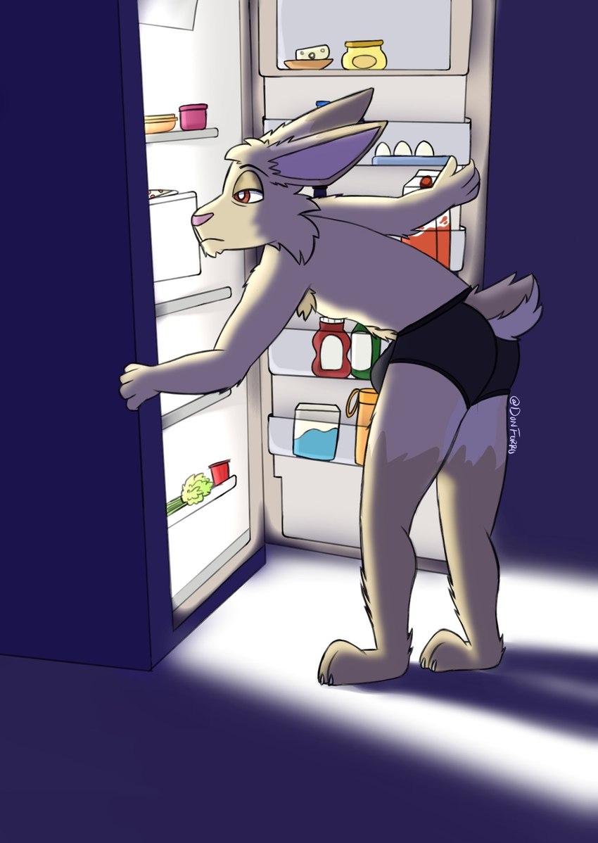 anthro appliance black_clothing black_underwear brown_body brown_fur clothing dramatic_lighting fluffy fluffy_tail fridge fur kitchen kitchen_appliance long_ears looking_back male muscle_tone night open_fridge raised_tail rear_view red_eyes short_fur solo standing tail teasing thick_thighs tight_clothing underwear donfurro chesse_garra_gomez hare lagomorph leporid mammal digital_media_(artwork) hi_res shaded