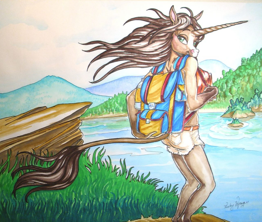 anthro backpack blue_background bottomwear brown_body brown_fur brown_hair clothed clothing crop_top day feet female forest forest_background fully_clothed fur grass green_clothing green_shirt green_topwear hair hiking horn hotpants island lake looking_back mountain multicolored_backpack nature nature_background outside plant red_clothing red_shirt red_topwear rock shirt shorts simple_background solo tan_bottomwear tan_clothing tan_shorts topwear tree unicorn_horn water windswept_hair yellow_backpack vicky_wyman mythology equid equine mammal mythological_creature mythological_equine unicorn 2014 signature traditional_media_(artwork)