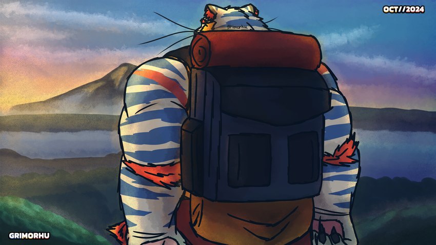 anthro backpack beard biped blue_stripes claws detailed_background facial_hair fur male mountain muscular muscular_anthro muscular_male paws rear_view red_body red_fur sky solo stripes sunrise white_body yellow_body yellow_fur grimorhu felid mammal pantherine tiger 16:9 absurd_res hi_res widescreen