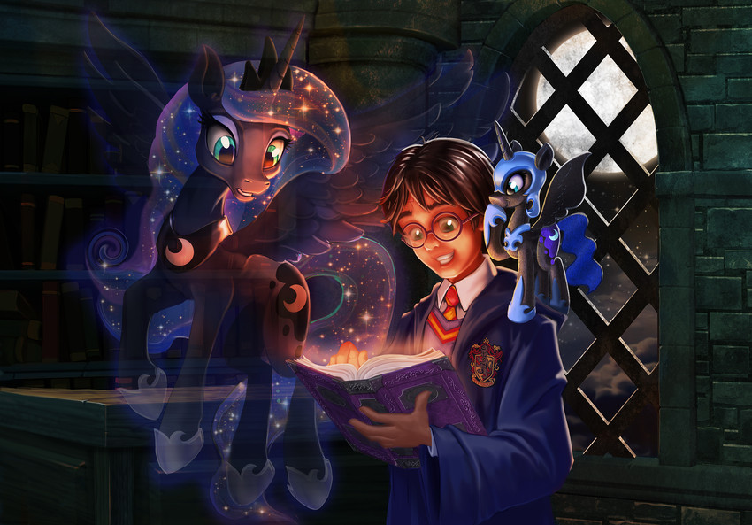 biped blue_eyes book bookshelf clothed clothing duo_focus ethereal_hair ethereal_tail eyewear female feral full_moon fully_clothed furniture glasses group gryffindor horn inside library magic magic_user male moon night quadruped school_uniform sparkles spellbook star uniform window wings harwick friendship_is_magic harry_potter_(series) hasbro my_little_pony mythology harry_potter nightmare_moon_(mlp) princess_luna_(mlp) equid equine human mammal mythological_creature mythological_equine spirit winged_unicorn crossover digital_media_(artwork) hi_res