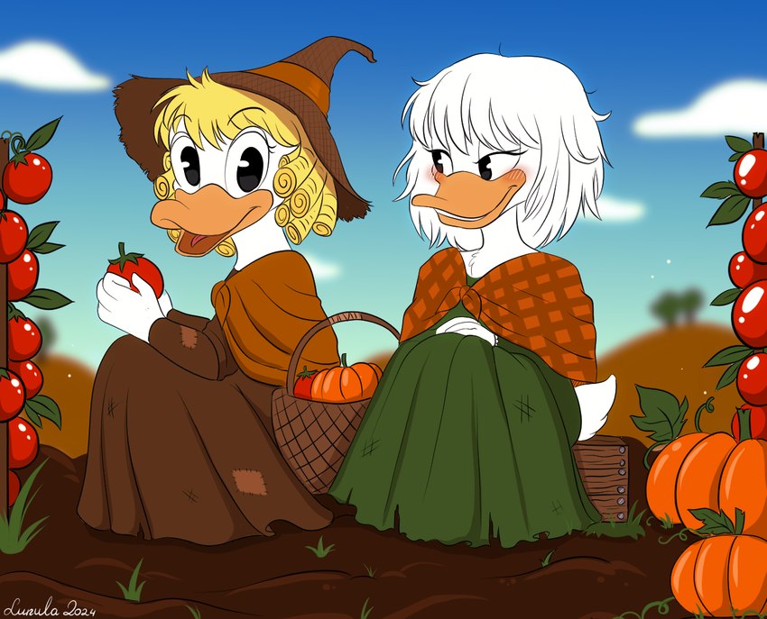 anthro basket blonde_hair blush comic_book_character container crate dirt duo ex-royalty exiled eye_contact farm farmers farming farmland female female/female food fruit hair historical_dress historical_people holding_object looking_at_another messy_hair peasant plant pumpkin romantic romantic_couple rural sitting sitting_on_crate surprised_expression tomato tomato_plant wives kinkypeach daisy_and_the_mysteries_of_paris disney disney_comics daisy_duck marie_antoinette marie_ducklette anatid anseriform avian bird duck