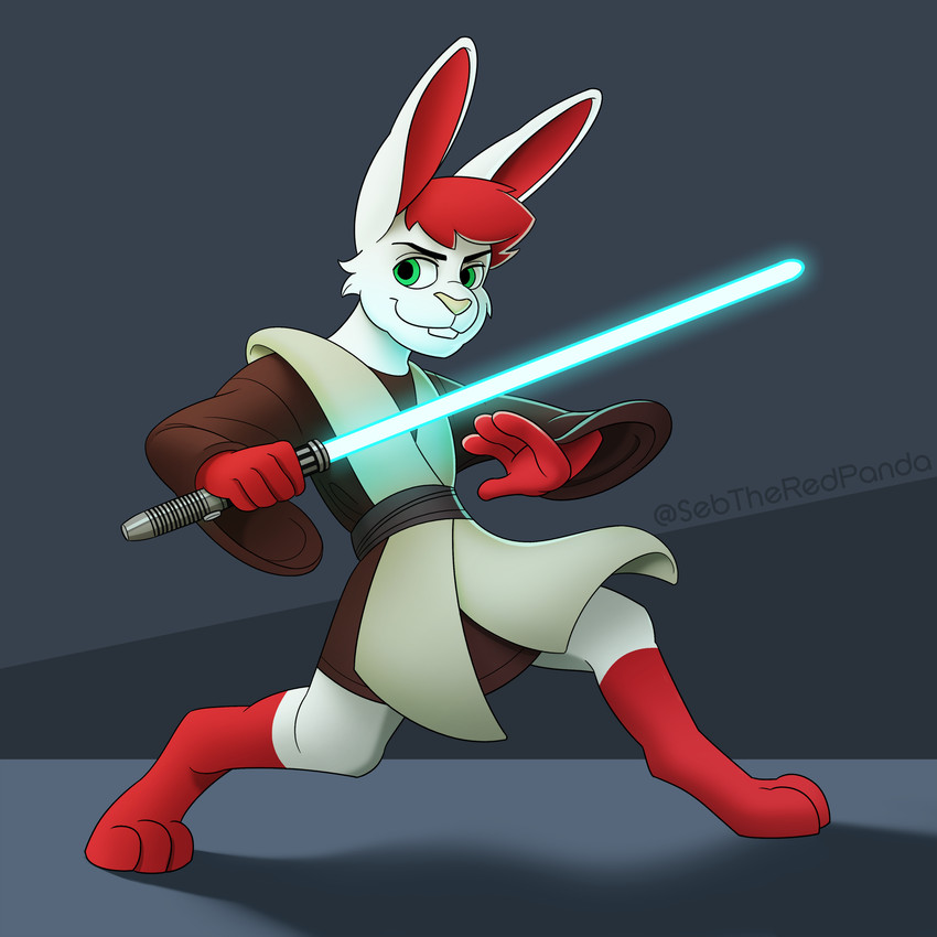 anthro blue_lightsaber clothing fighting_pose fur green_eyes jedi lightsaber male melee_weapon pose red_body red_fur shirt simple_background solo standing topwear tunic weapon white_body white_fur sebtheredpanda star_wars redline_rabbit lagomorph leporid mammal rabbit 1:1 hi_res