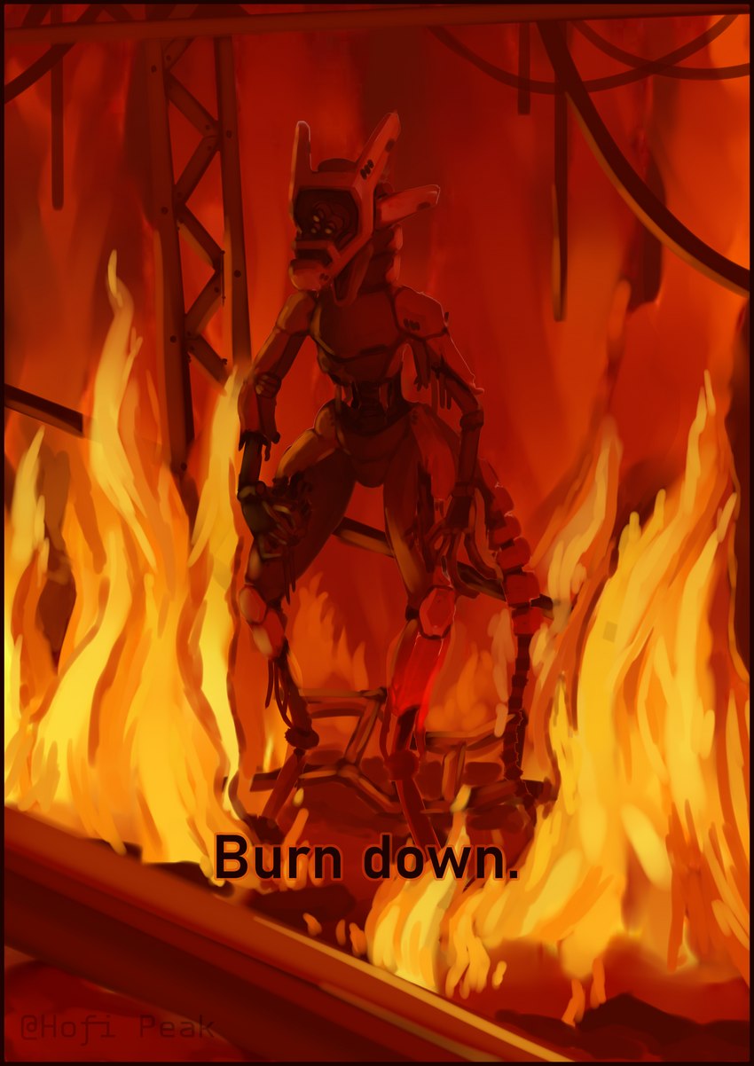 anthro armor burn burning_building damage destruction digitigrade fire horn looking_at_viewer machine male nude open_mouth solo standing tail text visor hofi-peak hofi_(hofi_peak) android robot synth_(vader-san) broken absurd_res digital_drawing_(artwork) digital_media_(artwork) hi_res