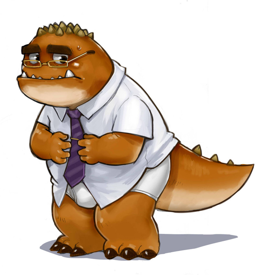 anthro blush briefs bulge clothing eyewear glasses humanoid_hands kemono male necktie shirt simple_background slightly_chubby solo tighty_whities topwear underwear white_background white_briefs white_clothing white_underwear kita_9999 disney monsters_inc monsters_university pixar derek_knight dinosaur prehistoric_species reptile scalie 2013 hi_res