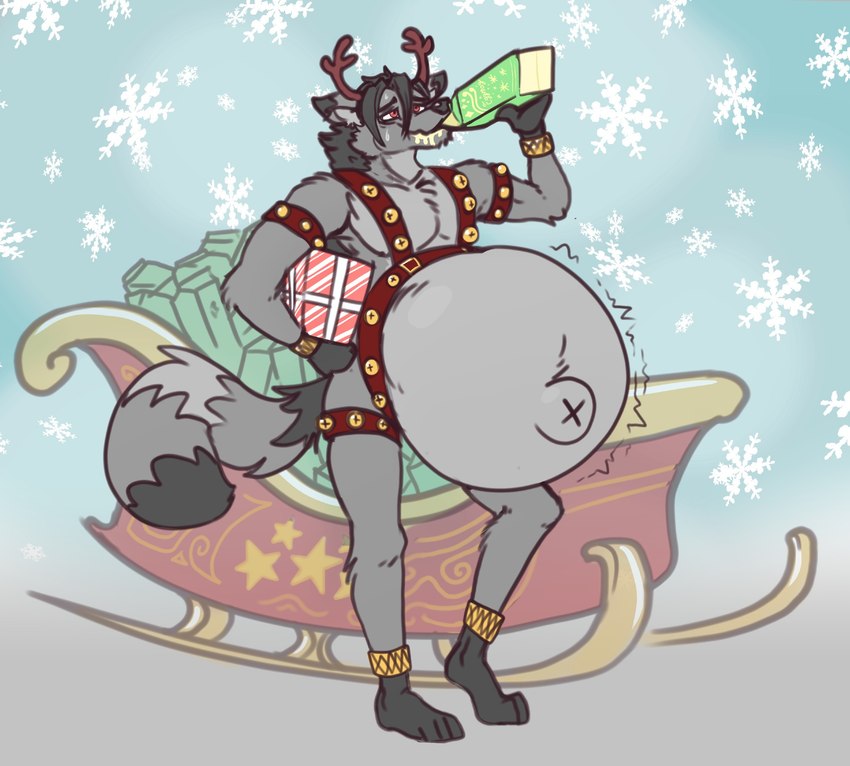 ankle_band anthro bell bell_harness belly big_belly black_body black_fur black_hair bodily_fluids carton chugging eggnog fake_antlers fake_horns fur gift grey_body grey_fur hair harness holidays huge_belly inflation inflation_fetish liquid_inflation male markings motion_lines navel outie_navel plantigrade red_eyes ring_(marking) ringed_tail sleigh snowflake solo striped_markings striped_tail stripes sweat sweatdrop tail tail_markings wristband eggo21 christmas eggo21_(character) canid canine canis hybrid mammal procyonid raccoon wolf 2024 hi_res