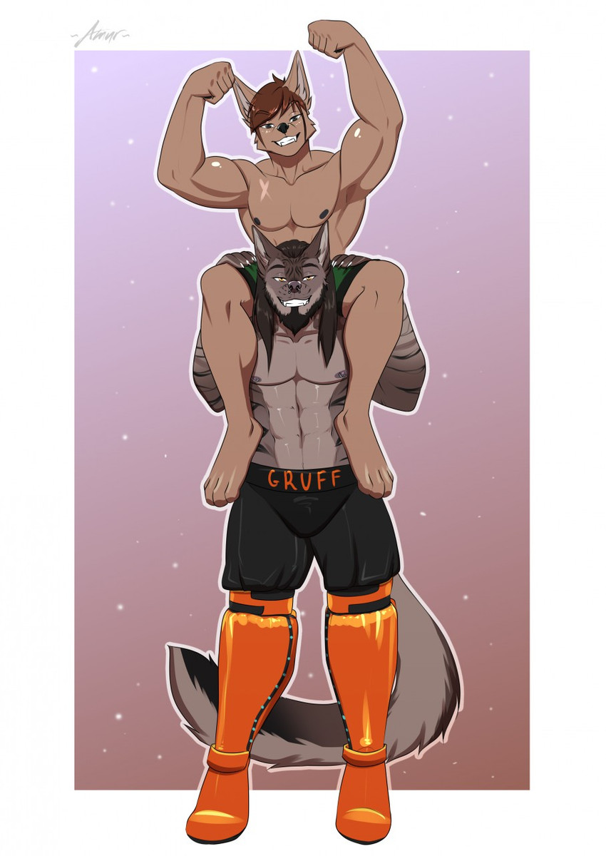 abs anthro black_hair black_nose brown_hair duo hair male muscular muscular_male smile amur canid canine canis mammal wolf 2020 digital_media_(artwork) hi_res