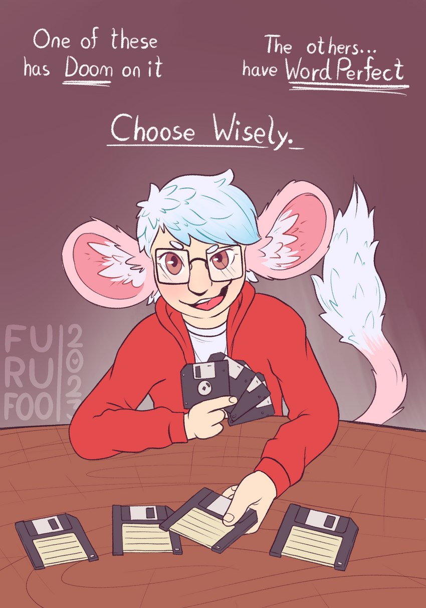 ambiguous_gender clothed clothing dialogue eyewear floppy_disk fluffy_ears furniture glasses hair holding_object hoodie looking_at_viewer solo table tail talking_to_viewer text topwear white_hair furufoo animal_humanoid chinchilla_humanoid humanoid mammal mammal_humanoid rodent rodent_humanoid english_text hi_res