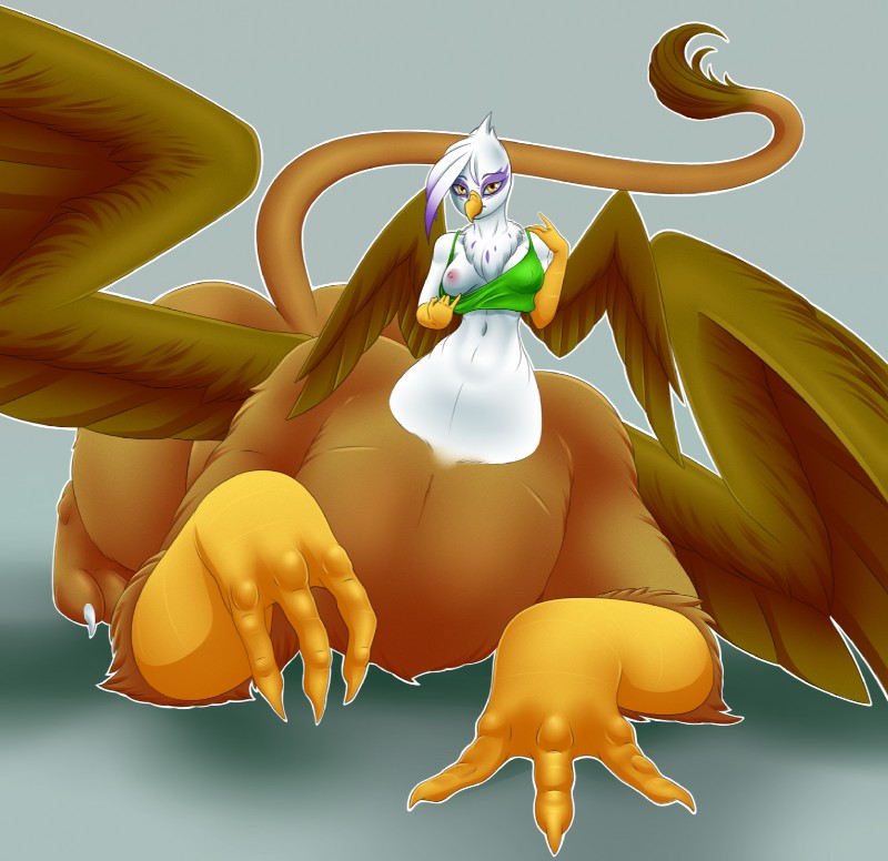 10_limbs 3_toes 4_fingers 4_legs 4_wings beak bottomless bra breasts brown_body brown_feathers brown_fur brown_wings claws clothed clothing feathers feet female female_taur fingers fur green_bra green_clothing green_underwear limbs looking_at_viewer lying multi_wing offering_to_viewer on_front one_breast_out orange_eyes purple_body purple_feathers small_upper_body solo talon_hands tan_body tan_fur toes underwear white_body white_claws white_feathers wings gear_(artist) slinkydragon_(colorist) friendship_is_magic hasbro my_little_pony mythology gilda_(mlp) avian avian_taur bird felid galliform gryphon gryphon_taur lion mammal mythological_avian mythological_creature pantherine phasianid taur turkey hi_res