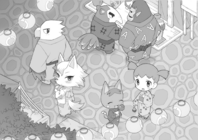 anthro apple asian_clothing bird's-eye_view blush candy candy_apple clothed clothing dessert east_asian_clothing eyes_closed feathers female food fruit fur group hand_fan high-angle_view japanese_clothing kemono kimono lamp lantern long_snout looking_back male open_mouth outside paper_lantern plant smile snout standing uchiwa_fan winged_arms wings washimori animal_crossing nintendo ai_(animal_crossing) apollo_(animal_crossing) cesar_(animal_crossing) cyrano_(animal_crossing) rosie_(animal_crossing) whitney_(animal_crossing) accipitrid accipitriform anteater ape avian bald_eagle bird canid canine canis domestic_cat eagle felid feline felis gorilla haplorhine human mammal pilosan primate sea_eagle wolf xenarthran 2013 greyscale monochrome