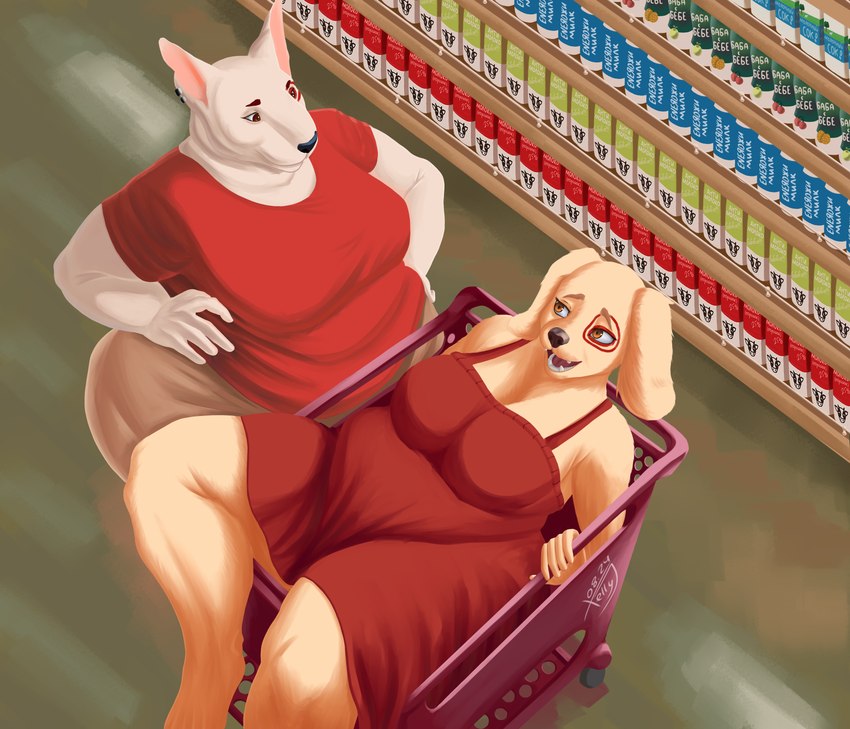 anthro belly big_breasts black_nose breasts clothing crossgender dress duo eye_contact facial_markings female floppy_ears grocery_store hands_on_hips head_markings khaki_shorts looking_at_another markings mascot obese obese_anthro obese_female overweight overweight_anthro overweight_female red_clothing red_dress red_shirt red_topwear shirt topwear xellyjelly target_corporation bullseye_(target) spot_(jayrnski) bird_dog bull_terrier canid canine canis domestic_dog hunting_dog mammal spaniel terrier 2024 absurd_res dated hi_res signature