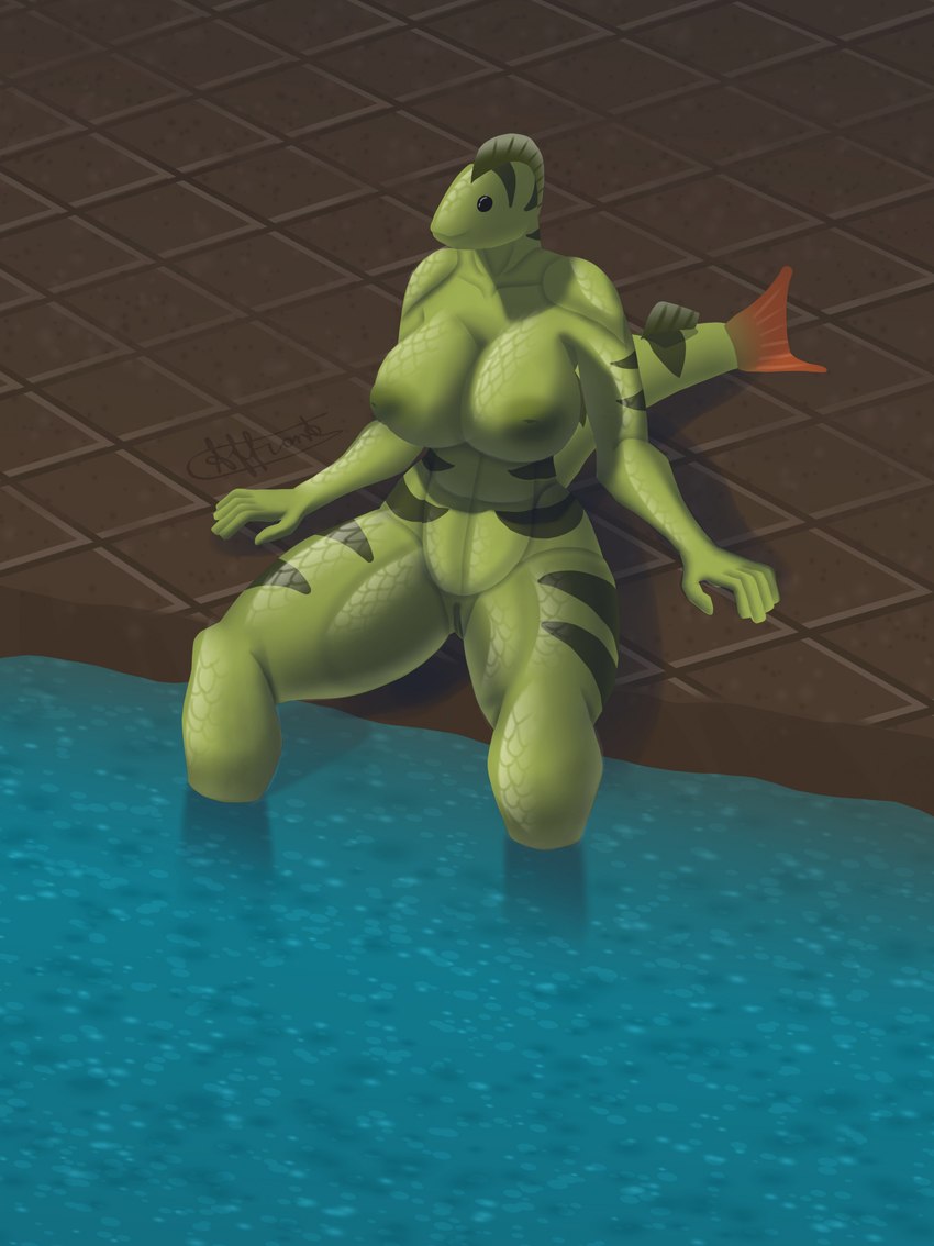 anthro big_breasts black_eyes breasts female fin foot_in_water genitals green_body nipples pussy solo striped_body stripes thick_thighs tile water affront factorio wube_software european_perch fish marine hi_res signature